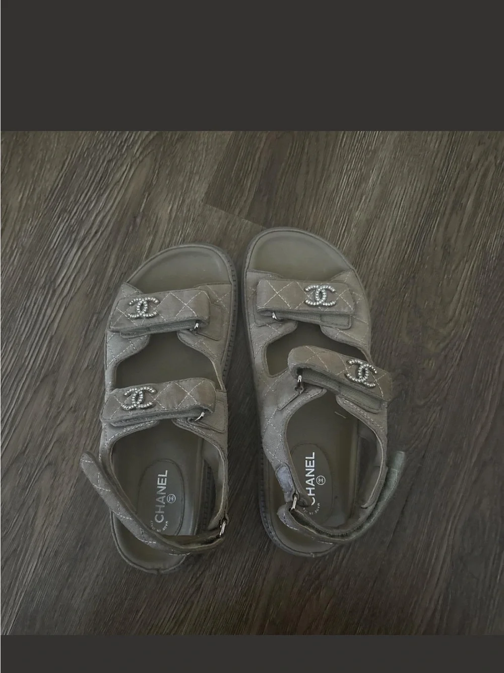 CHANEL Gray Quilted Double-Strap Logo Sandals